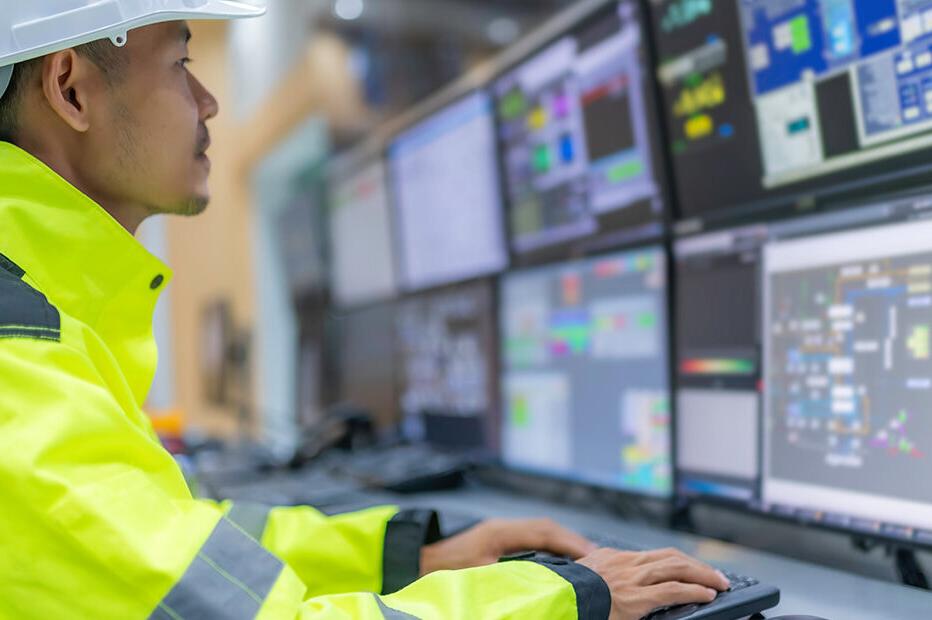 Engineer wearing a high vis jacket and hard hat looking at data on a wall of computer screens